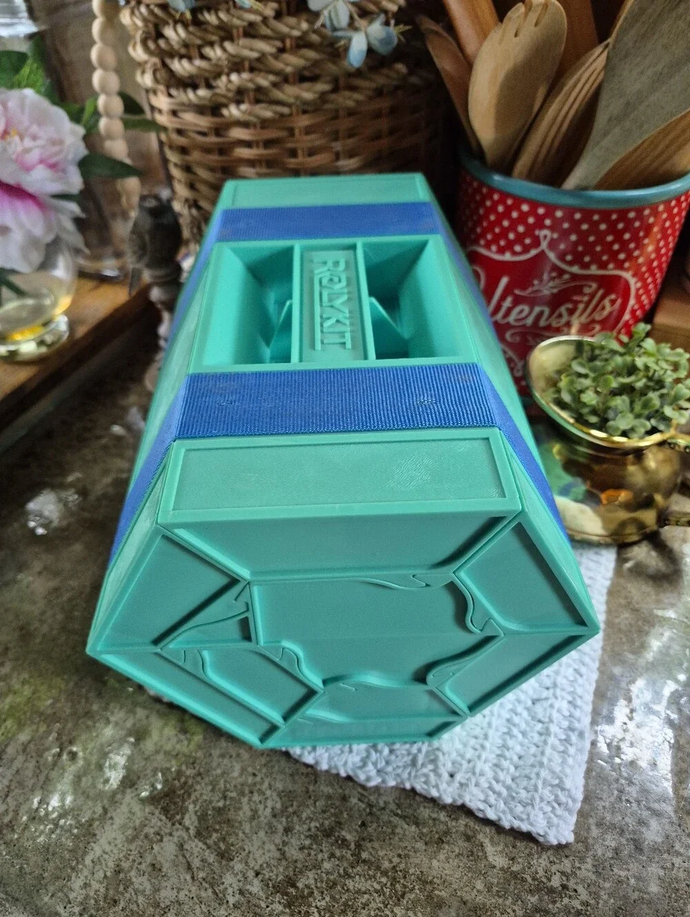 Vintage Rolykit Roll-up Storage Organizer 1970s/1980s Sea Foam Green Blue Box
